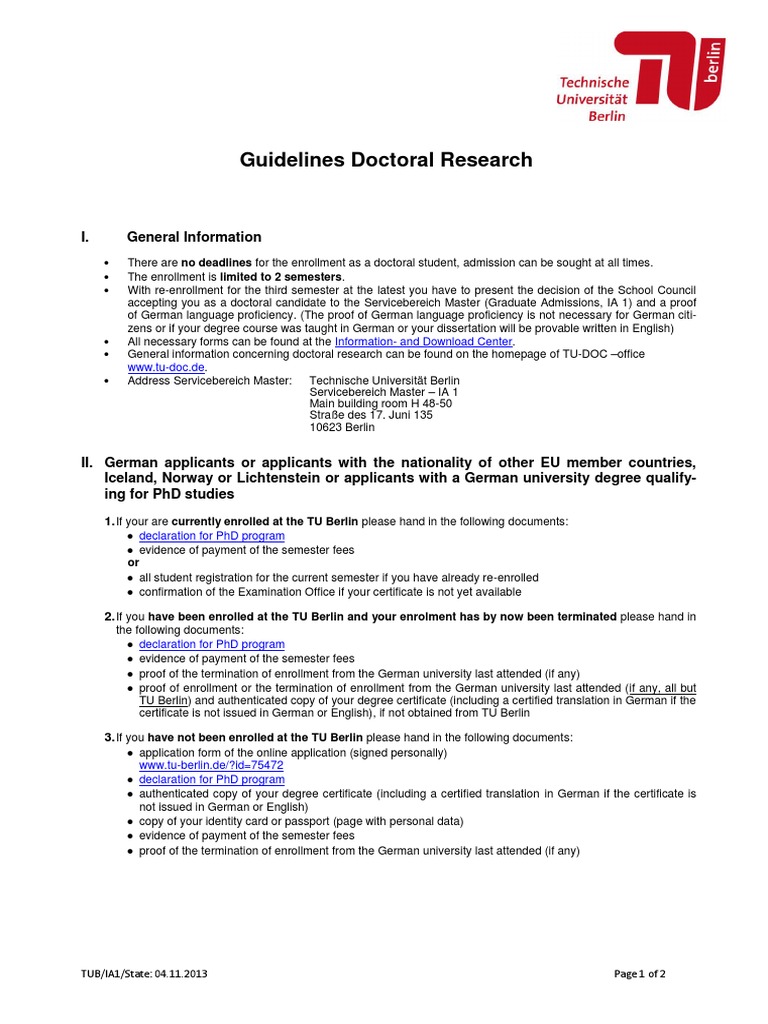 TU Berlin Doctoral Enrollment Guidelines | PDF | Doctor Of Philosophy ...