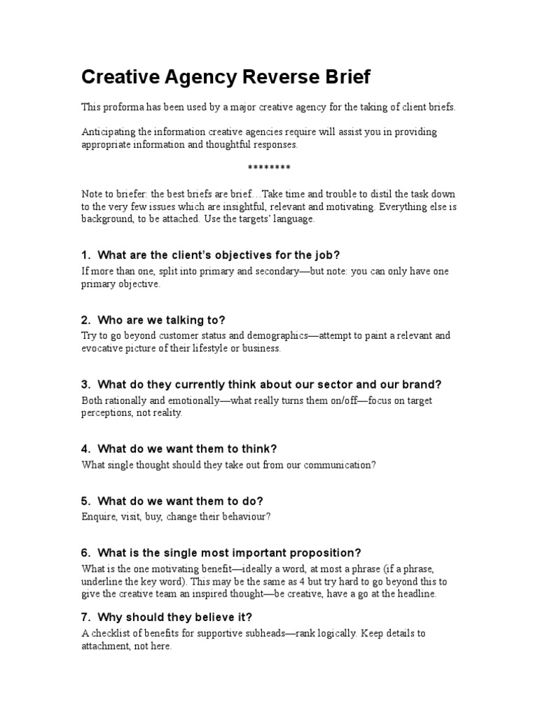 Creative Agency Reverse Brief Brand Advertising