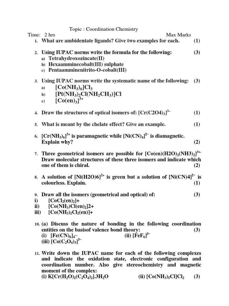 Coordination Chemistry Test Coordination Complex Inorganic Chemistry