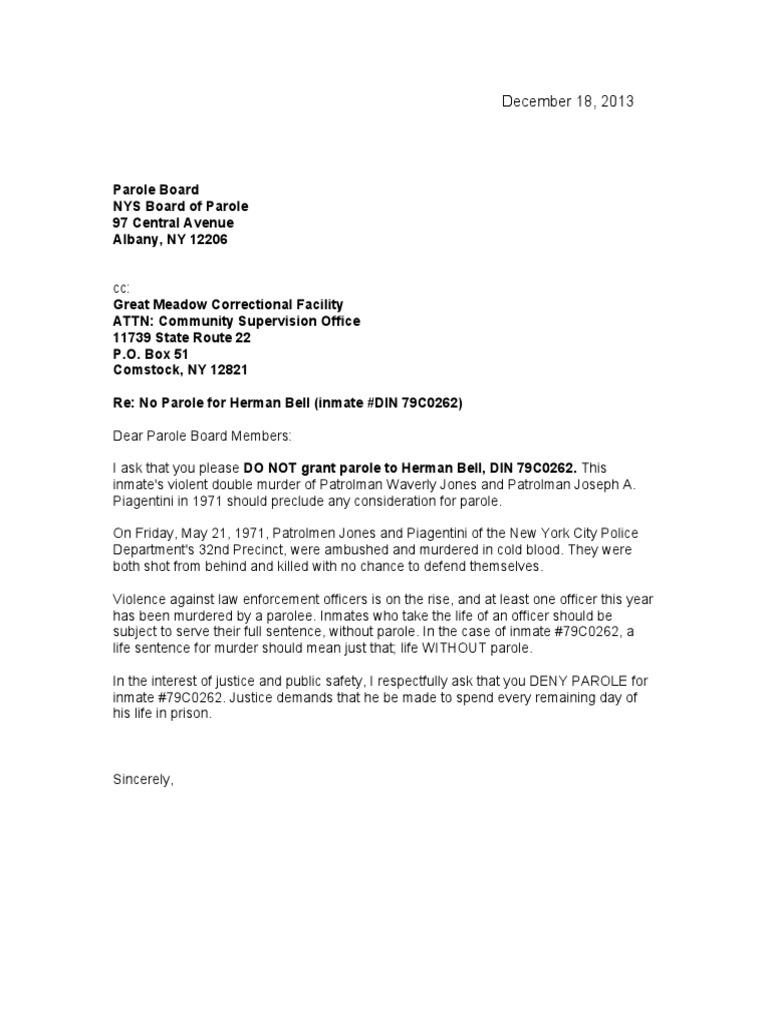 Letter to Parole Board Re Herman Bell