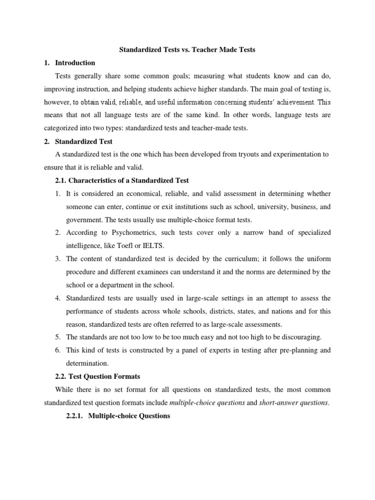 Standardized vs. Teacher Made | PDF | Standardized Tests | Test ...
