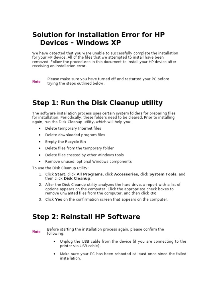 Solution For Installation Error For HP Devices - Windows XP | PDF ...