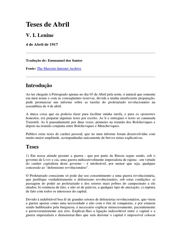 Comente As Propostas Contidas Nas Teses De Abril