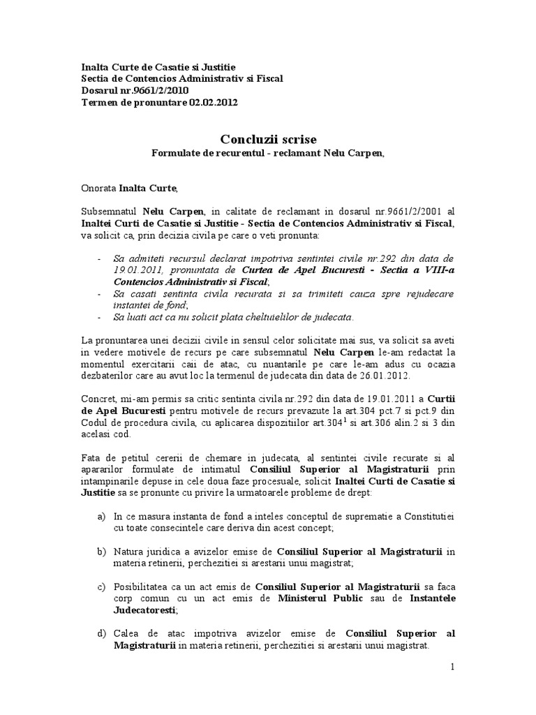 Concluzii Scrise Recurs Administrativ Aviz Csm 02 02 2012