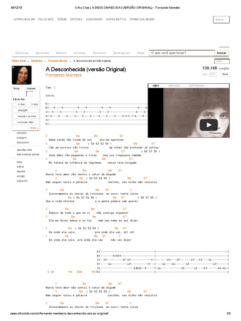 Cifra Club - A DESCONHECIDA (VERSÃO ORIGINAL) - Fernando Mendes | PDF ...
