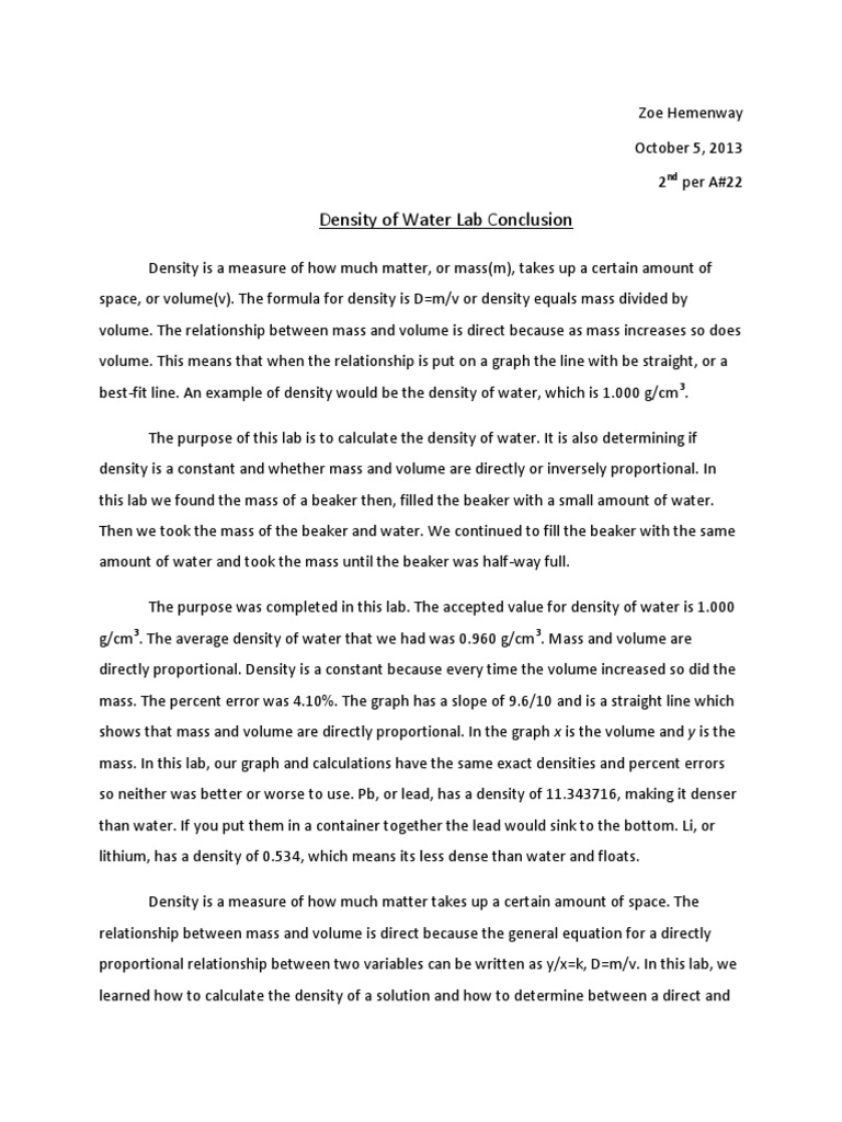 Density Of Water Lab Conclusion Pdf Density Volume