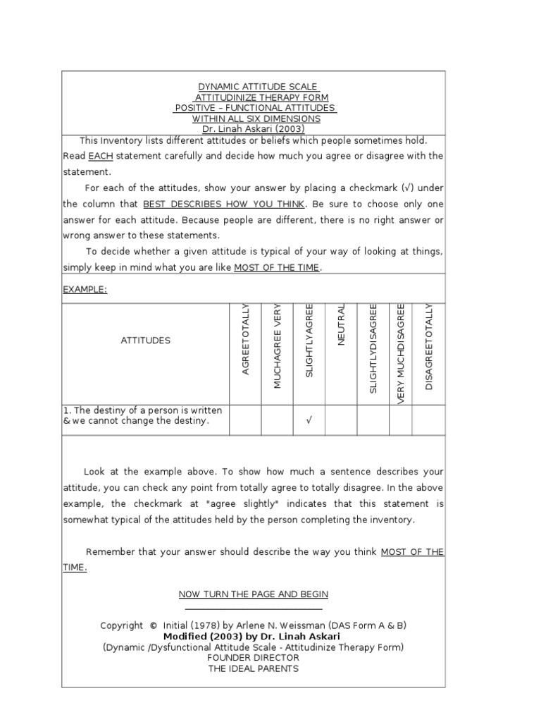 Dynamic or Dysfunctional Attitude Scale - Attitudinize Therapy Form Dr ...