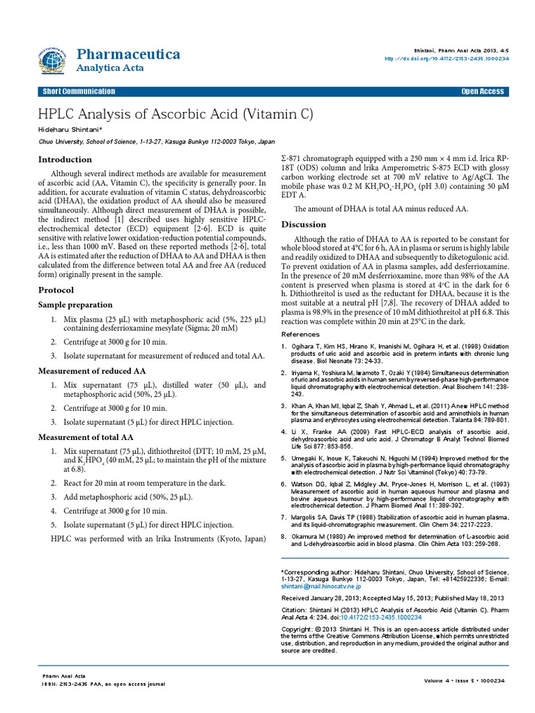 HPLC Analysis of Vitamin C Vitamin C High Performance Liquid