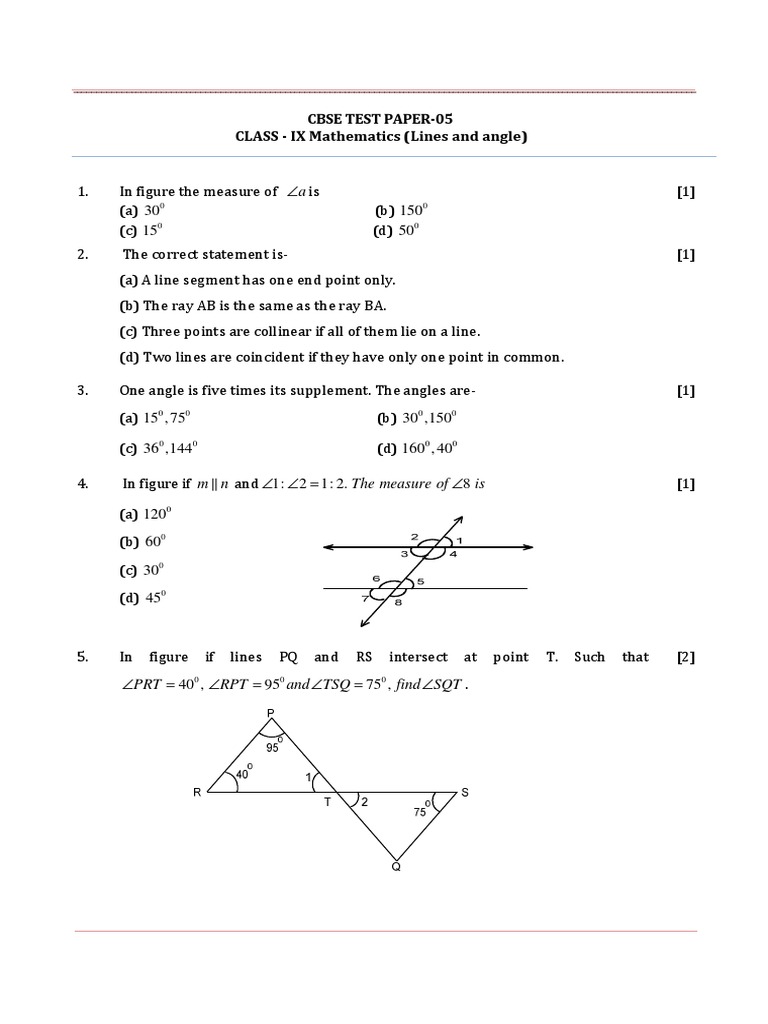 09 Mathematics Lines and Angles Test 05 PDF