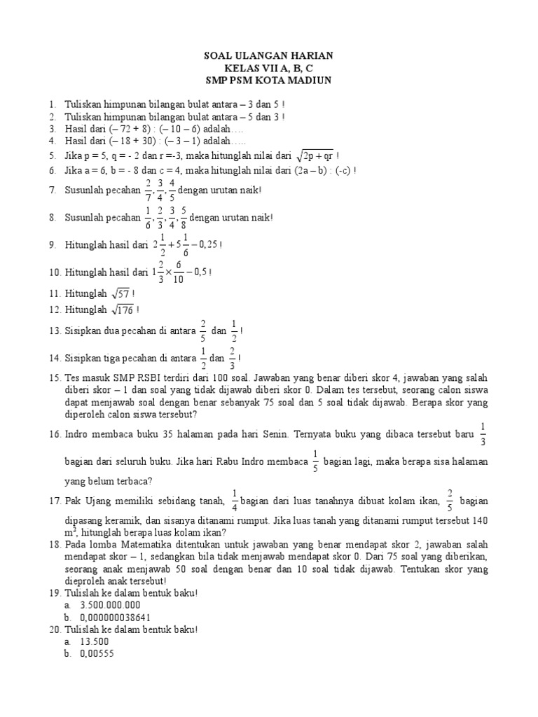 Soal Latihan Bilangan Bulat Smp Kls 7