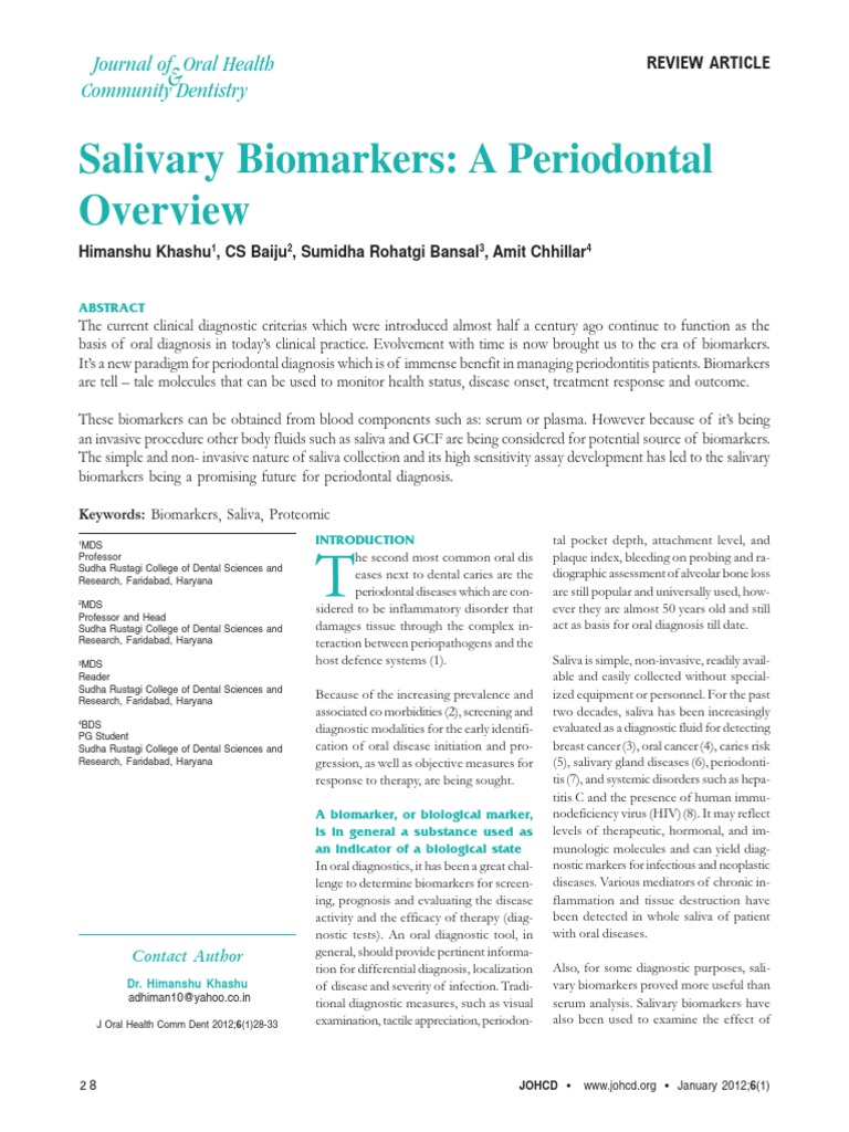Salivary Biomarkers for Periodontal Diagnosis | PDF | Inflammation | Saliva