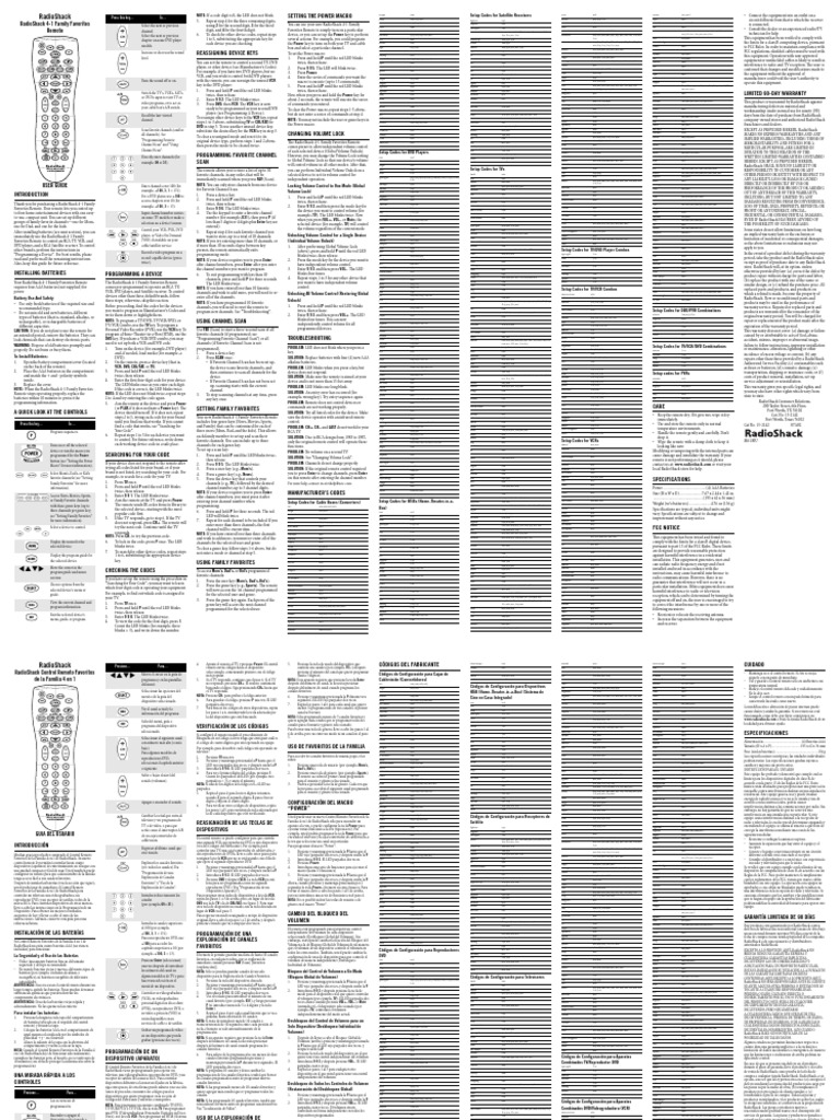 Programming Instructions and Codes for the RadioShack 41 Family