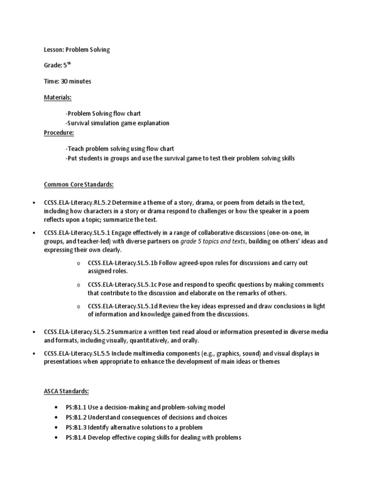 5th Grade Problem Solving Lesson Plan | PDF | Action (Philosophy ...