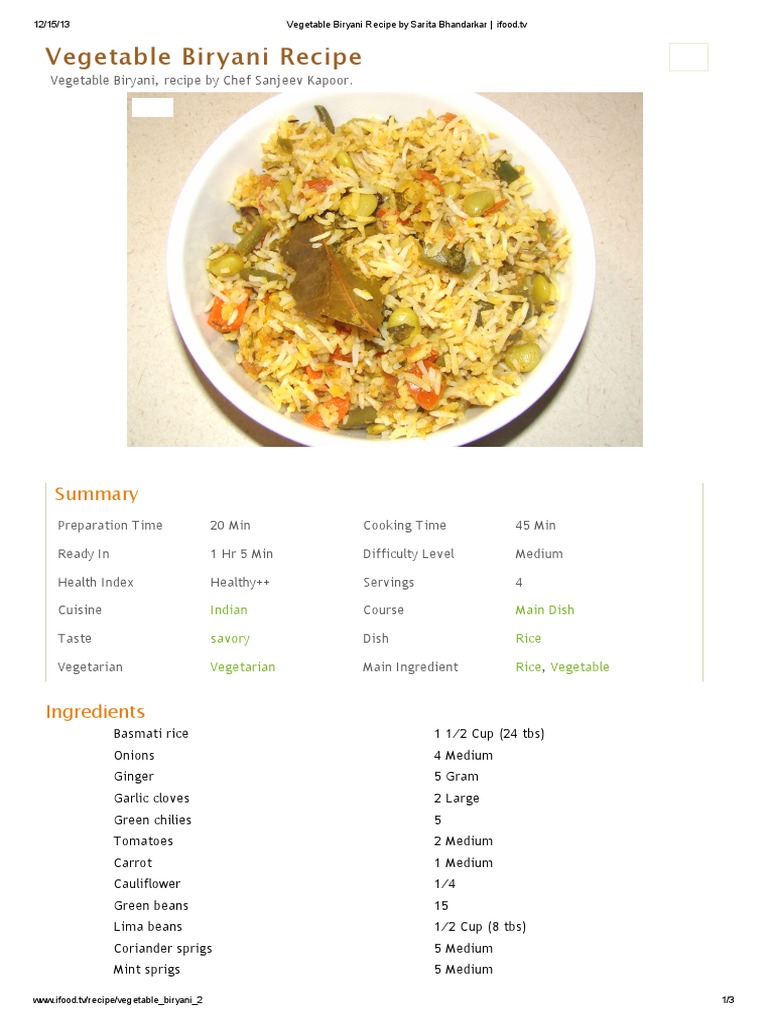 Vegetable Biryani Recipe by Sarita Bhandarkar Ifood Sanjeev Kapoor
