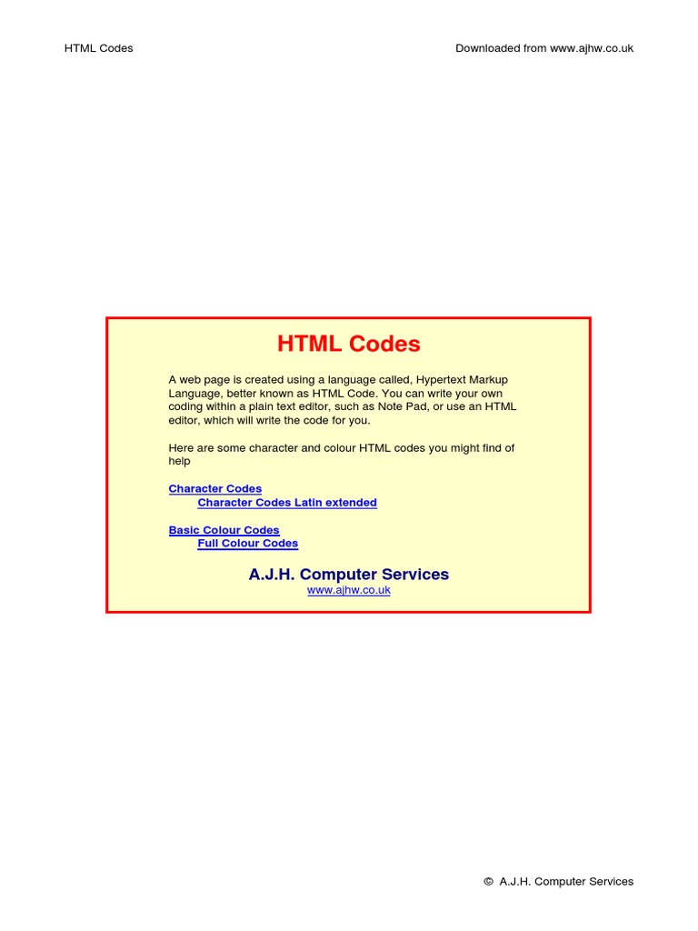 List Of Html Codes Pdf