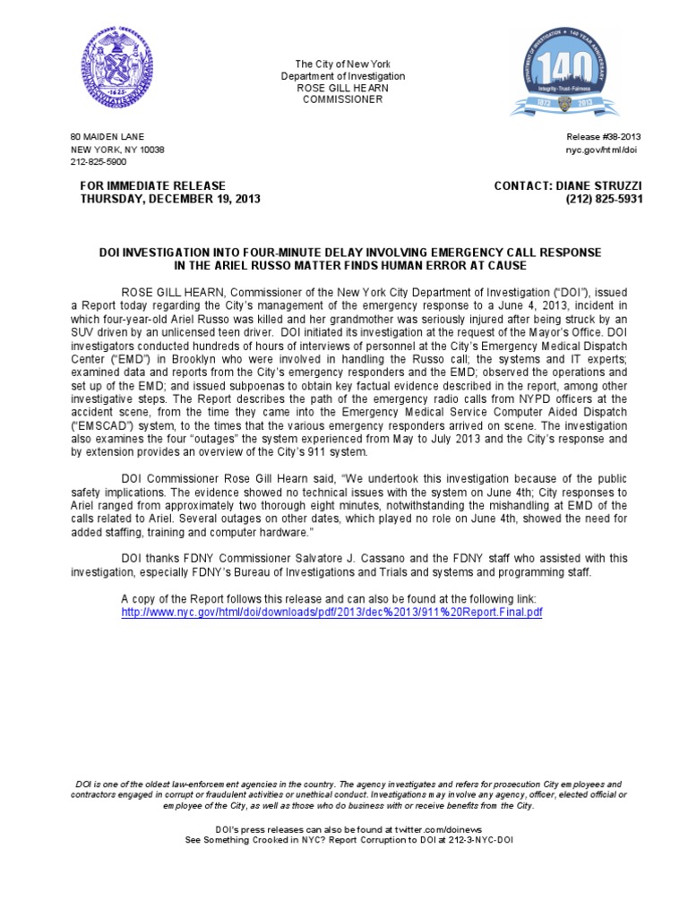 New York City Department of Investigation Report Regarding the