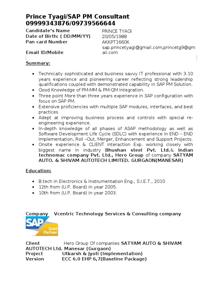 SAP PM SAMPLE Resume Information - 1591620166
