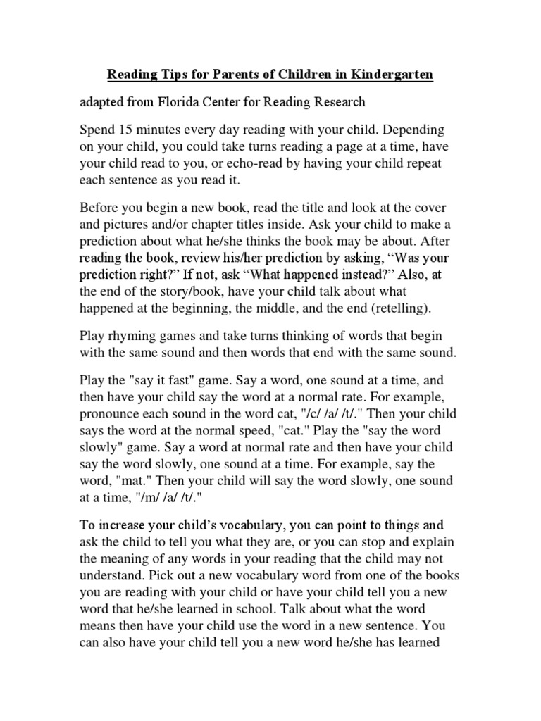 Kindergarten Reading Tips for Parents | PDF | Reading (Process ...
