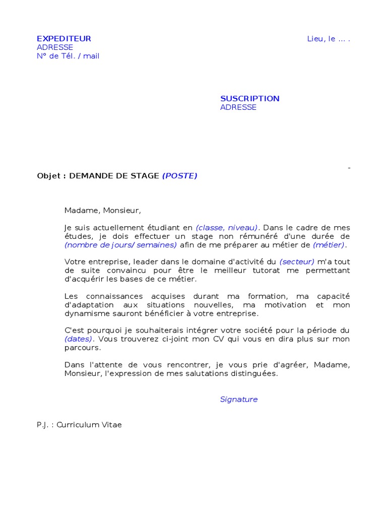 Lettre De Motivation Pour Demande De Stage