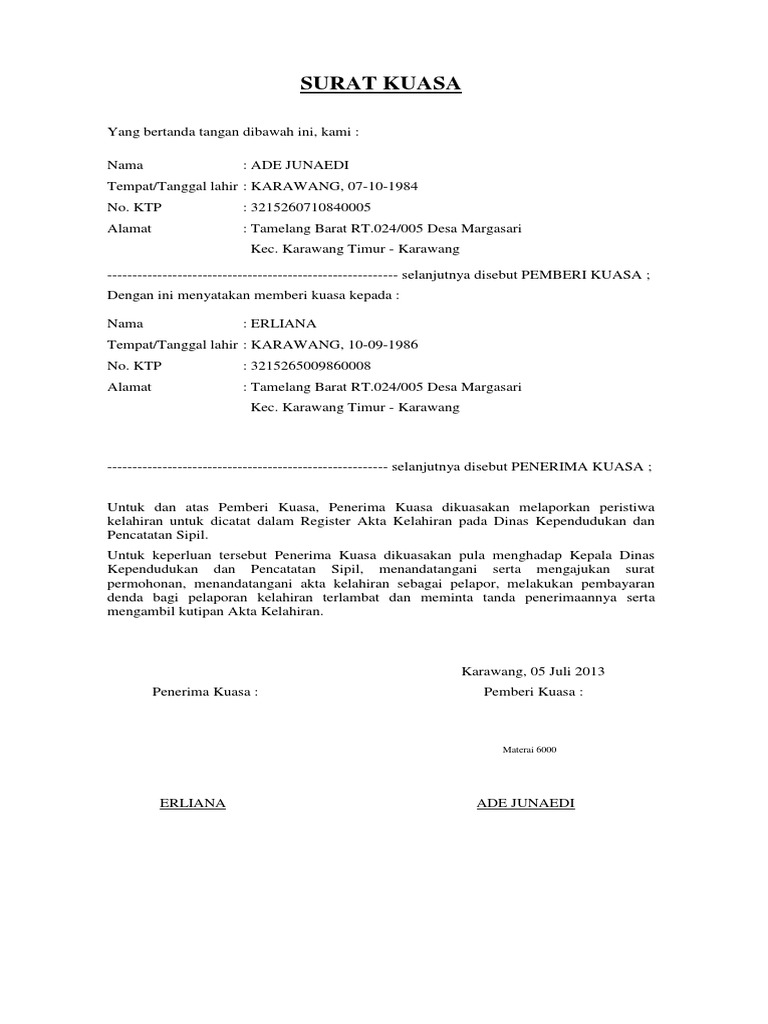 Surat Kuasa Akta Kelahiran