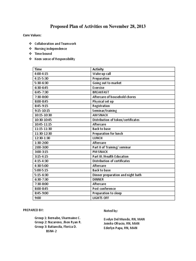 Proposed Plan Otyf Activities On November 28 | PDF