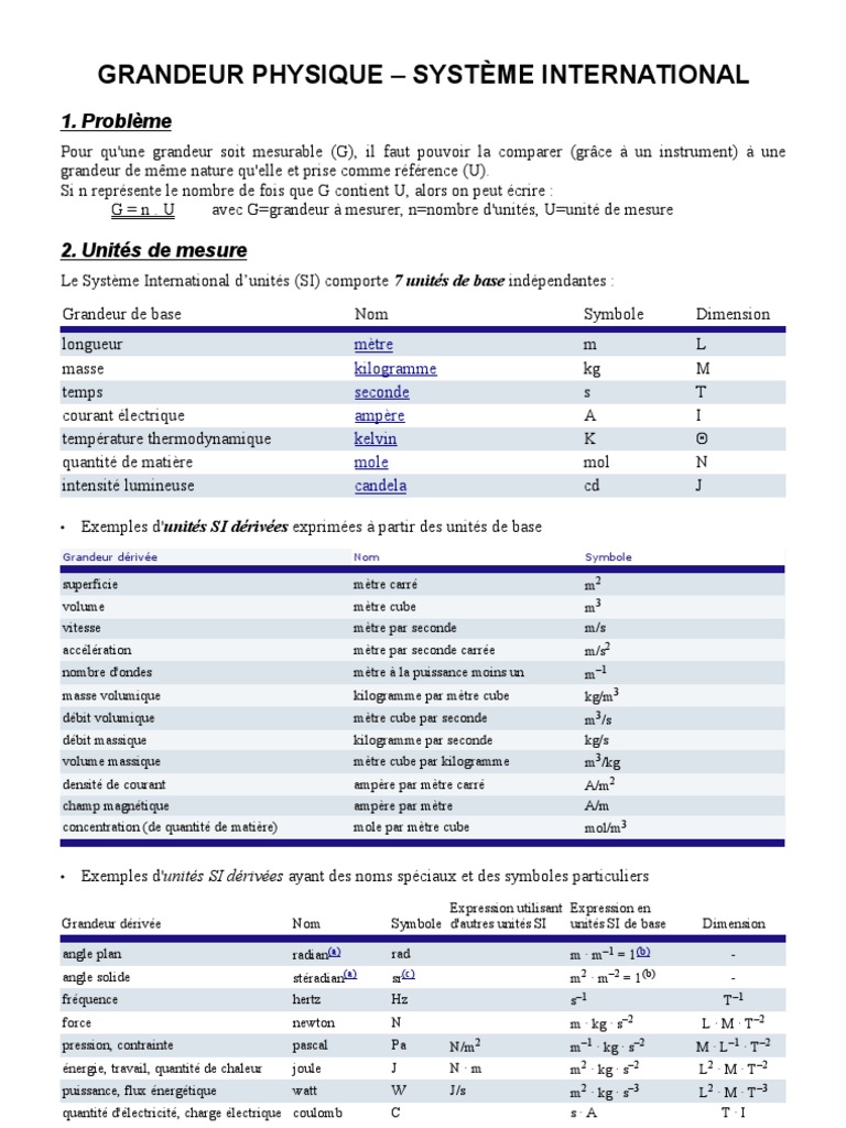 II Grandeurs SI | PDF | Système international d'unités | Kilogramme