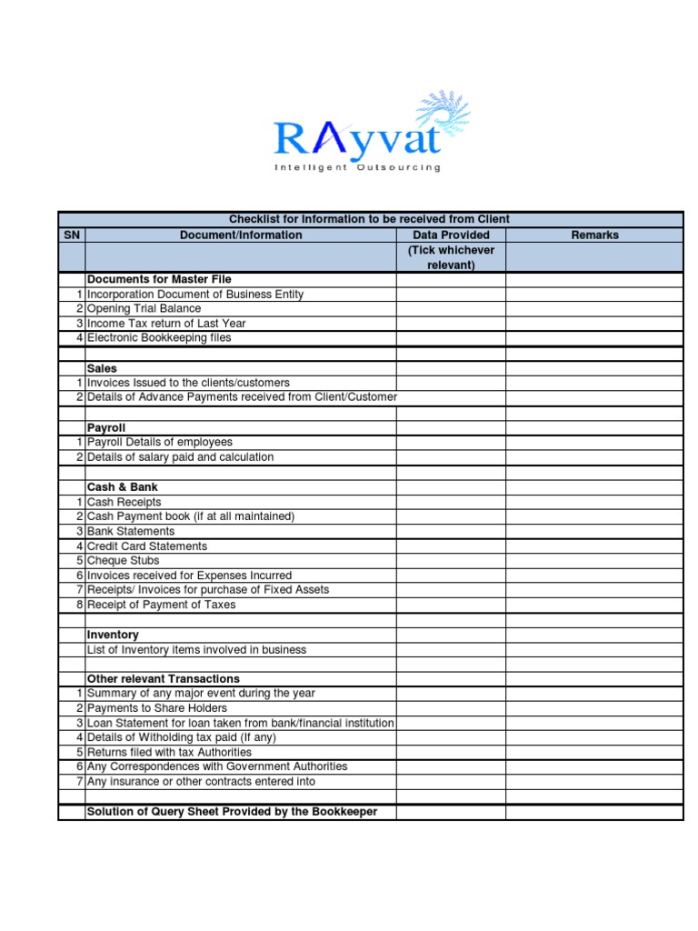 Bookkeeping checklist Rayvat Accounting