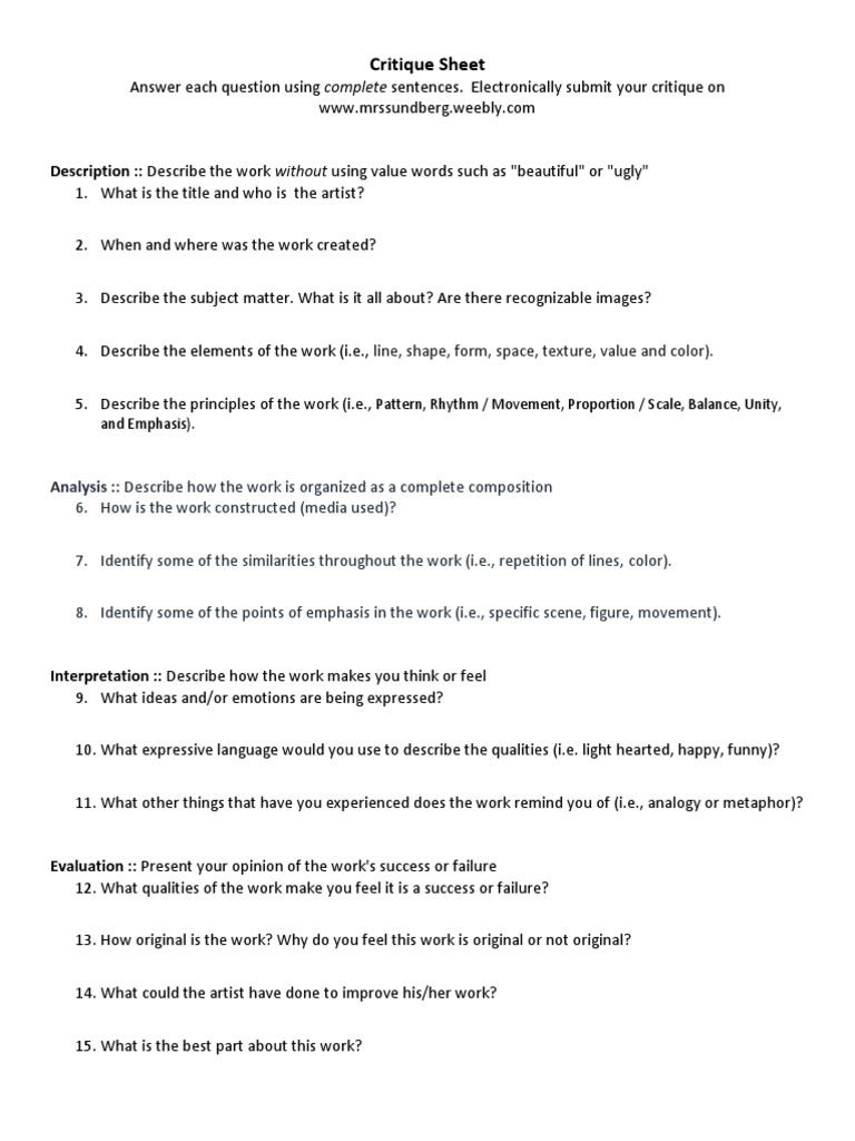Art Critique Sheet Template | PDF | Home & Garden