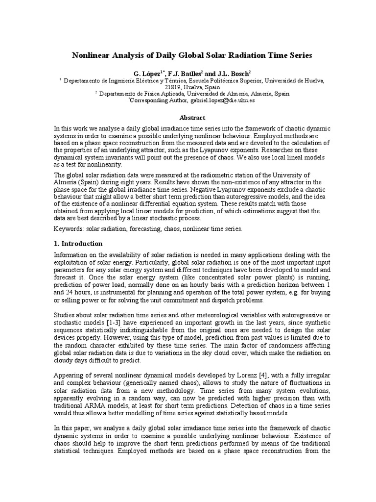 Nonlinear Analysis of Solar Radiation Data | PDF | Time Series | Prediction