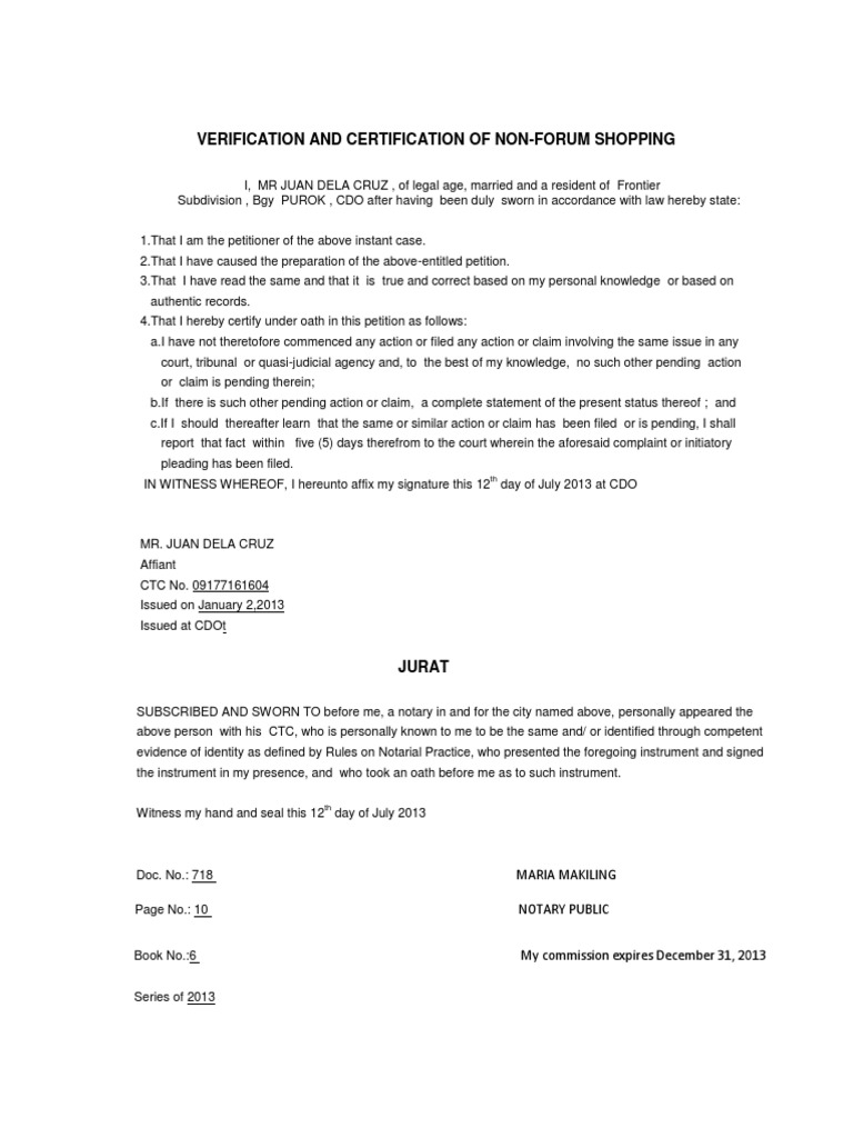 Verification and Certification of Non Forum Shopping PDF