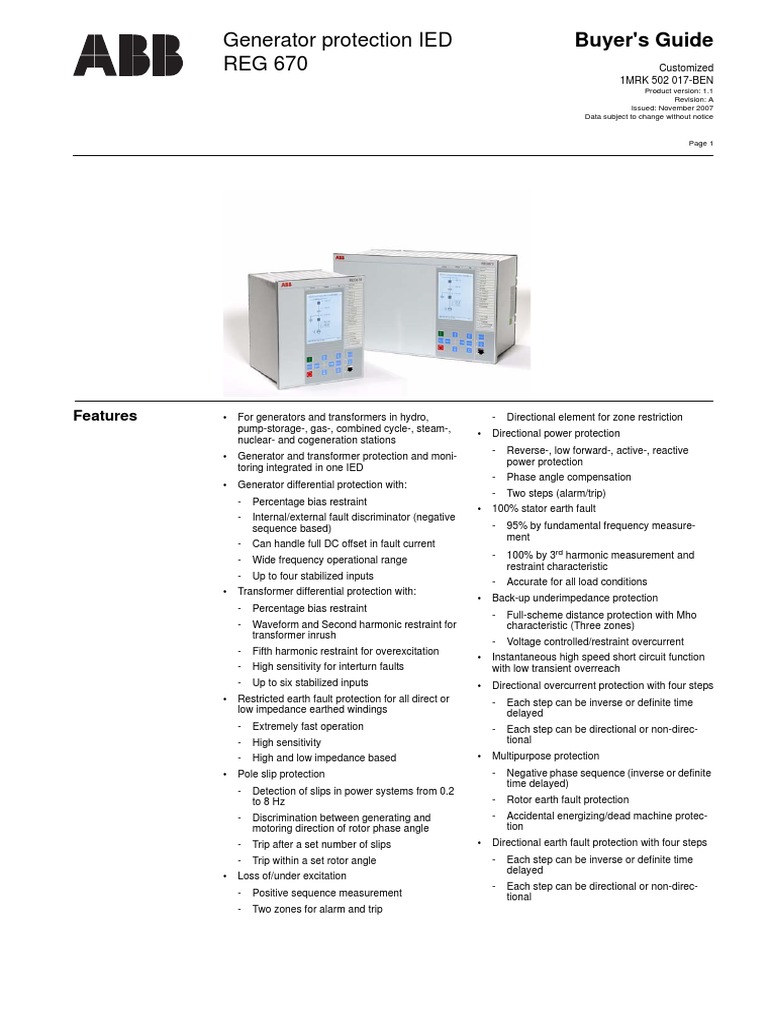 REG 670 Generator Protection Guide | PDF | Electric Generator | Transformer