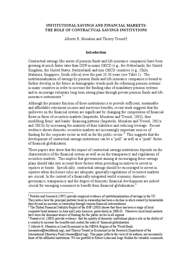 Institutional Savings and Financial Markets The Role of Contractual