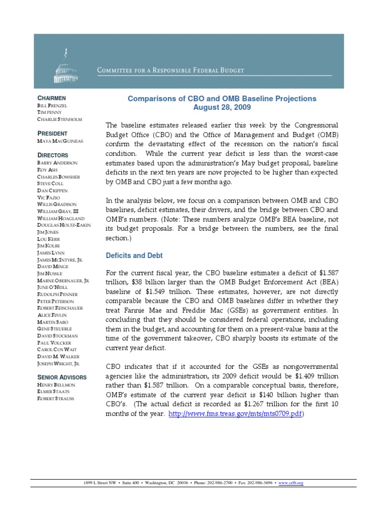 Comparisons of CBO and OMB Baseline Projections August 28, 2009 | PDF ...