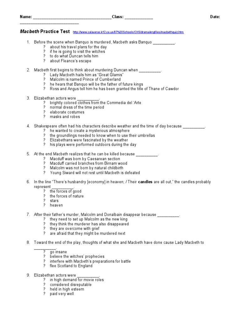 Macbeth 100 question test answers image