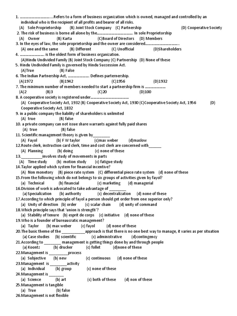 Management Mcqs Sample Pdf Joint Stock Company Partnership