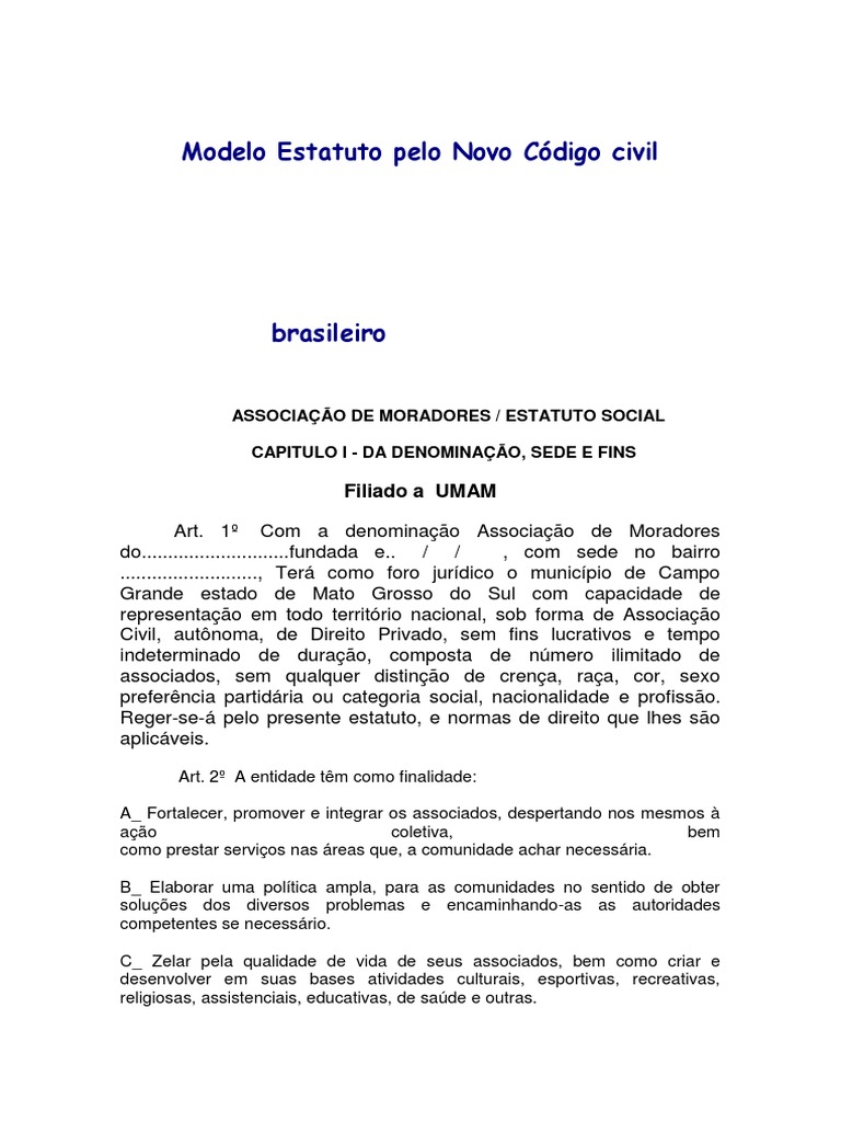 Modelo Estatuto pelo Novo Código civil brasileiro associação moradores ...
