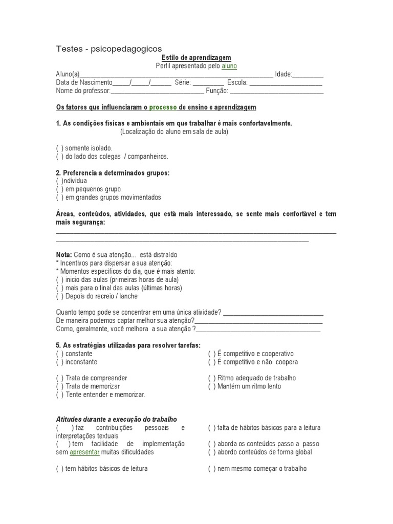 Testes Psicopedagógicos para Imprimir | PDF | Tempo | Aprendizado