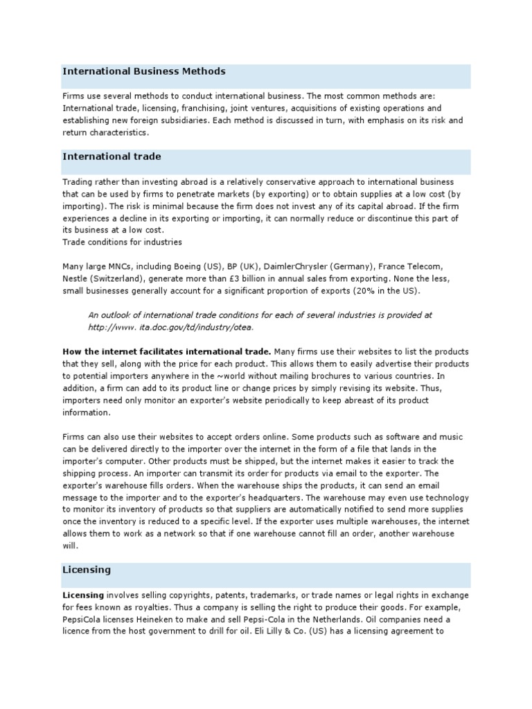 International Business Methods | PDF | Franchising | Mergers And ...