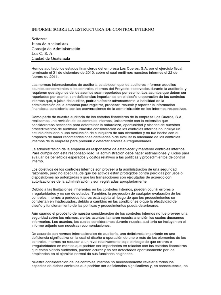 Informe Sobre La Estructura de Control Interno | PDF | Contabilidad ...