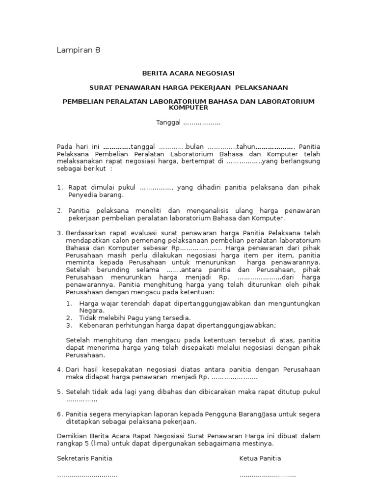 Contoh Berita Acara Negosiasi 10 50 Juta