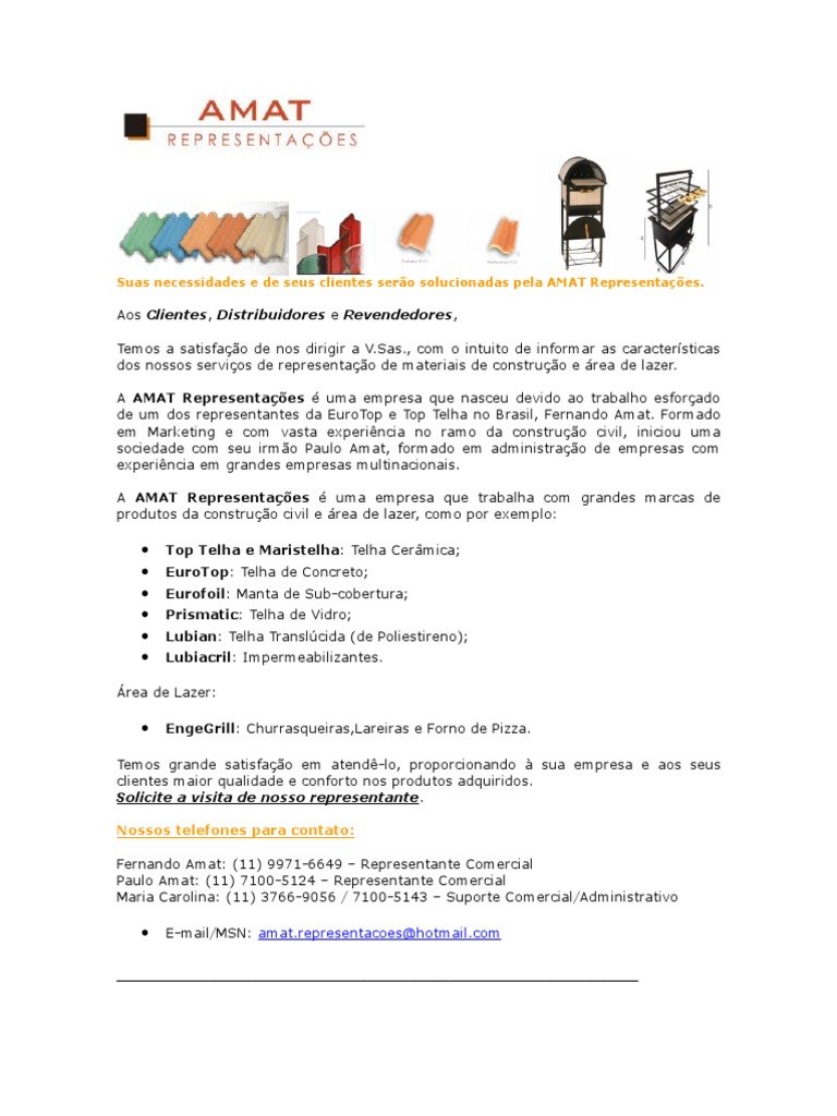 Carta de apresentação AMAT REPRESENTAÇÕES