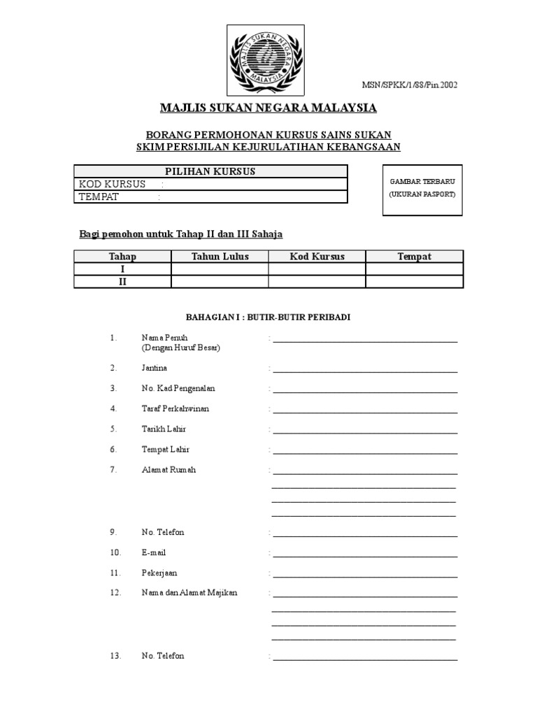 Borang Kursus Sains Sukan Pdf