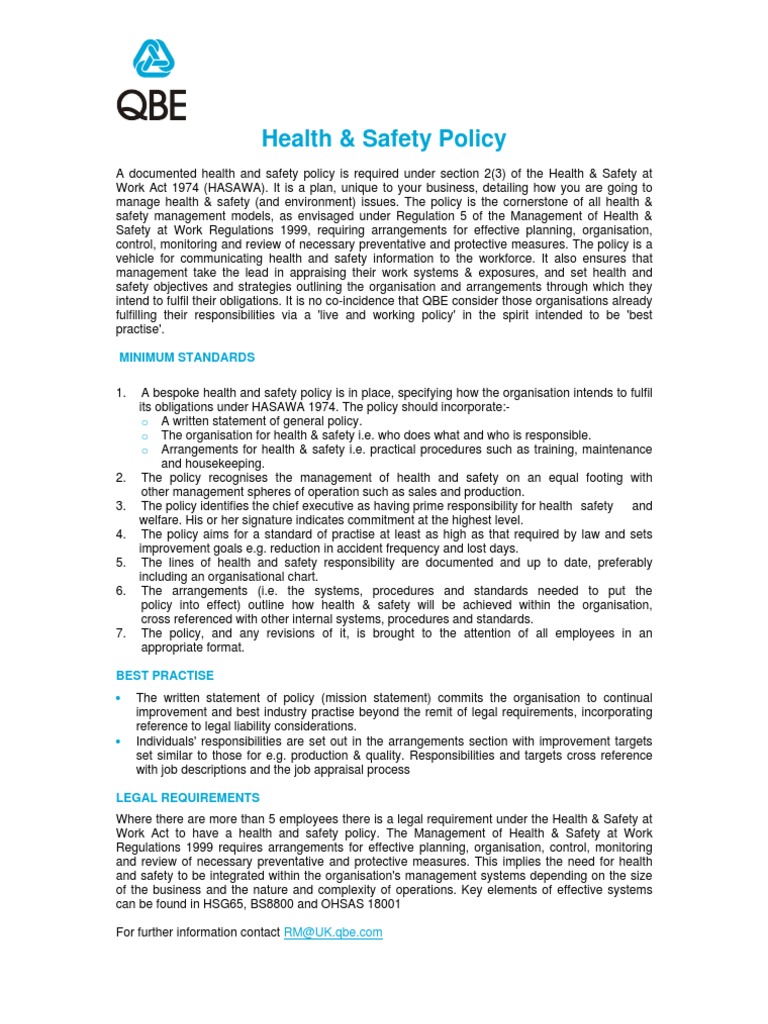 Health & Safety Policy Overview | PDF | Occupational Safety And Health ...