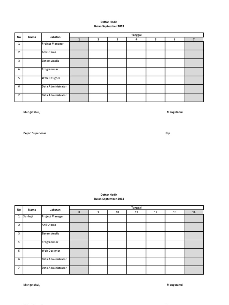 Contoh Daftar Hadir Tenaga Ahli