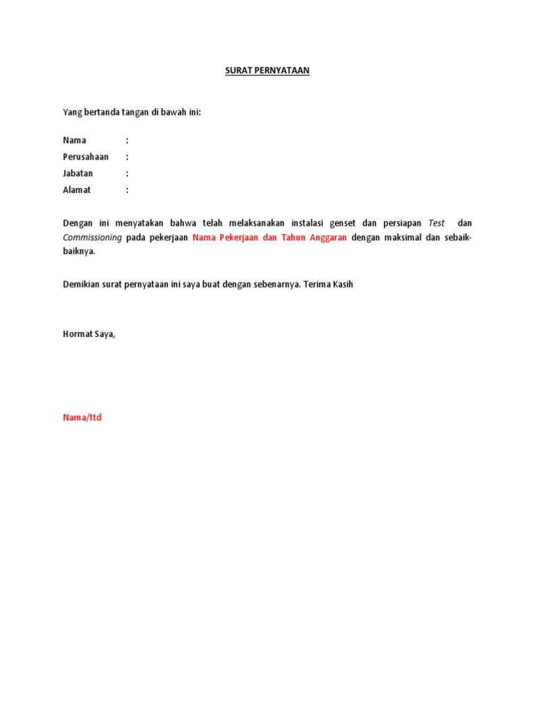 Contoh Surat Pernyataan Telah Melaksanakan Pekerjaan