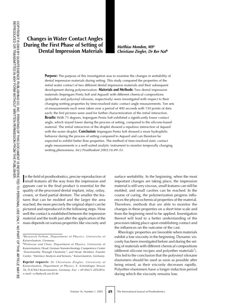 Mondon 2003 Changes in Water Contact Angles During The First Phase of Setting of Dental