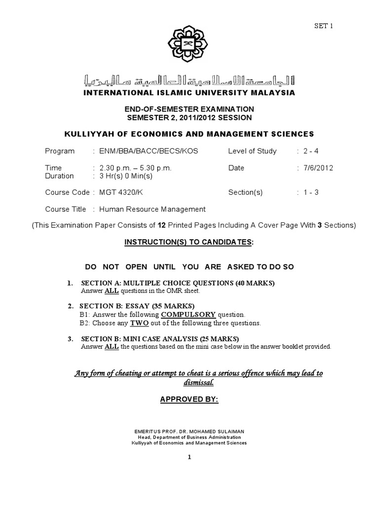 Final Exam Human Resources Management Iium Employment Test Assessment