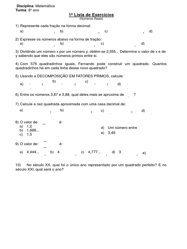 Exercícios de Números Reais - 8º Ano | PDF