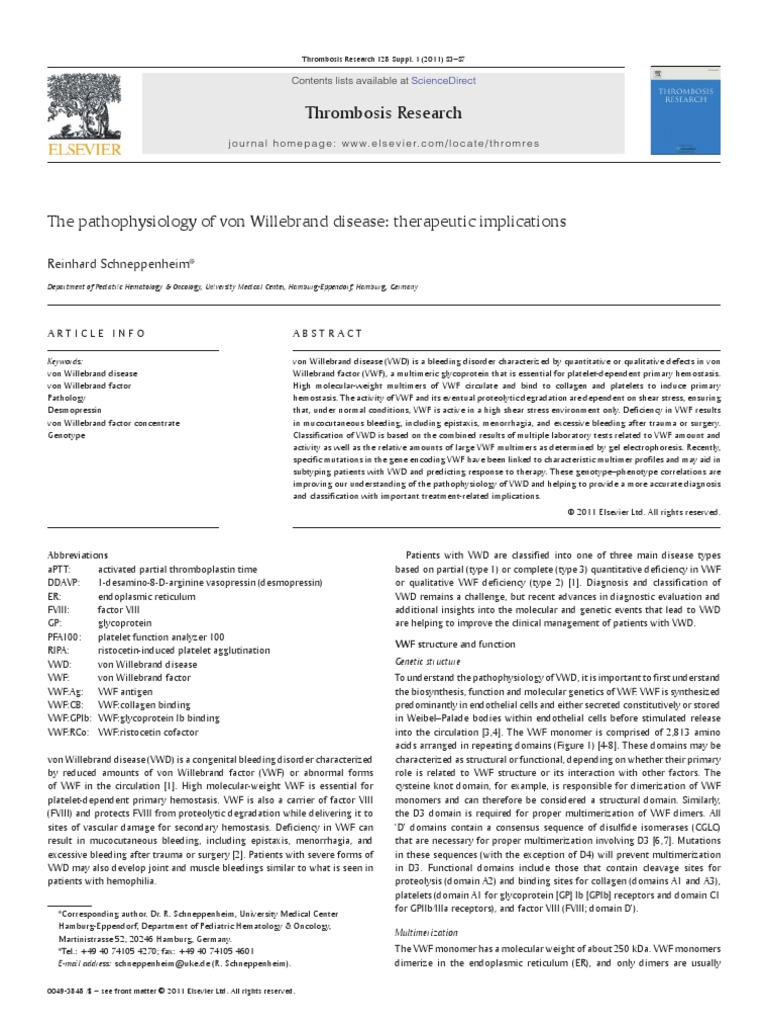 The Pathophysiology of Von Willebrand Disease - Therapeutic ...