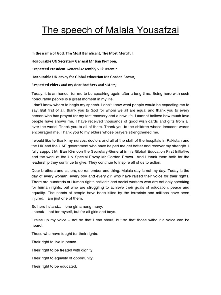 malala yousafzai speech in english written